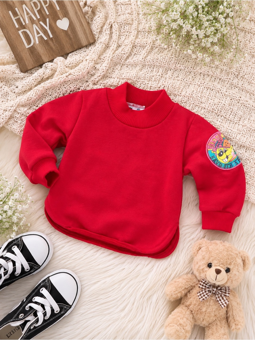 Vintage Red Kids Sweatshirt Teddy Bear Patch Mock Neck Pullover